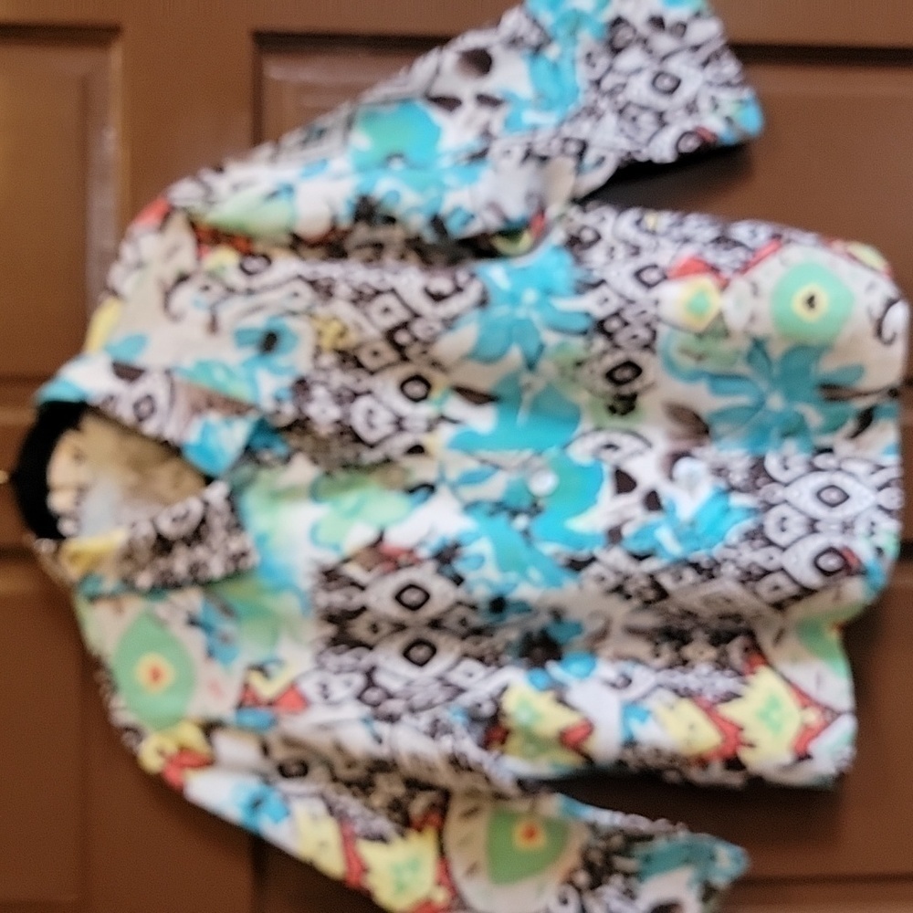 Choices-Linen aqua, yellow, green,brown 3/4 sleeved,collared top PL.